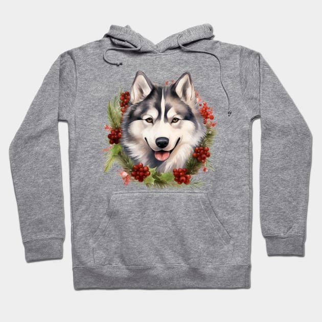 Christmas Husky Dog Wreath Hoodie by Chromatic Fusion Studio